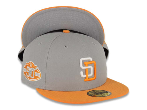 San Diego Padres New Era MLB 59FIFTY 5950 Fitted Cap Hat Gray Crown Light Orange Visor White/Light Orange Logo 50th Anniversary Side Patch Gray UV
