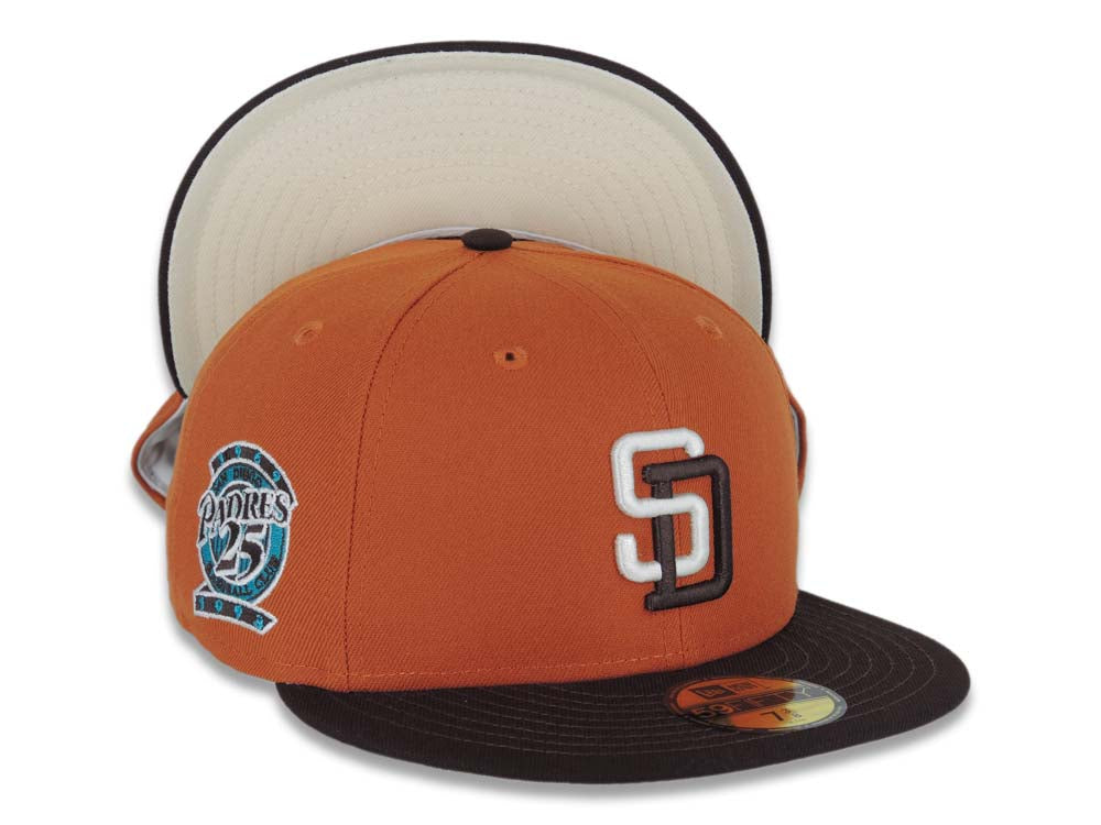 San Diego Padres New Era MLB 59FIFTY 5950 Fitted Cap Hat Dark Orange Crown Dark Brown Visor Cream/Dark Brown Logo 25th Anniversary Side Patch Cream UV