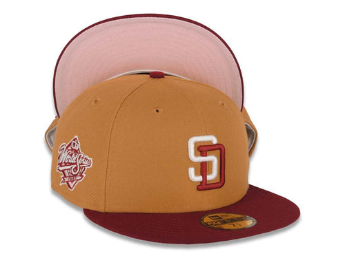 San Diego Padres New Era MLB 59FIFTY 5950 Fitted Cap Hat Tan Crown Cardinal Visor Cream/Cardinal Logo 1998 World Series Side Patch Pink UV