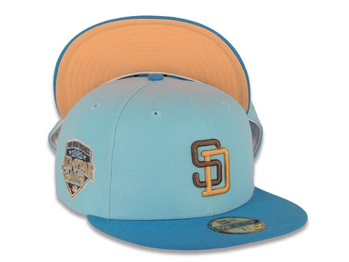 San Diego Padres New Era MLB 59FIFTY 5950 Fitted Cap Hat Sky Blue Crown Royal Blueu Visor Dark Gray/Light Brown Logo 1992 All-Star Game Side Patch