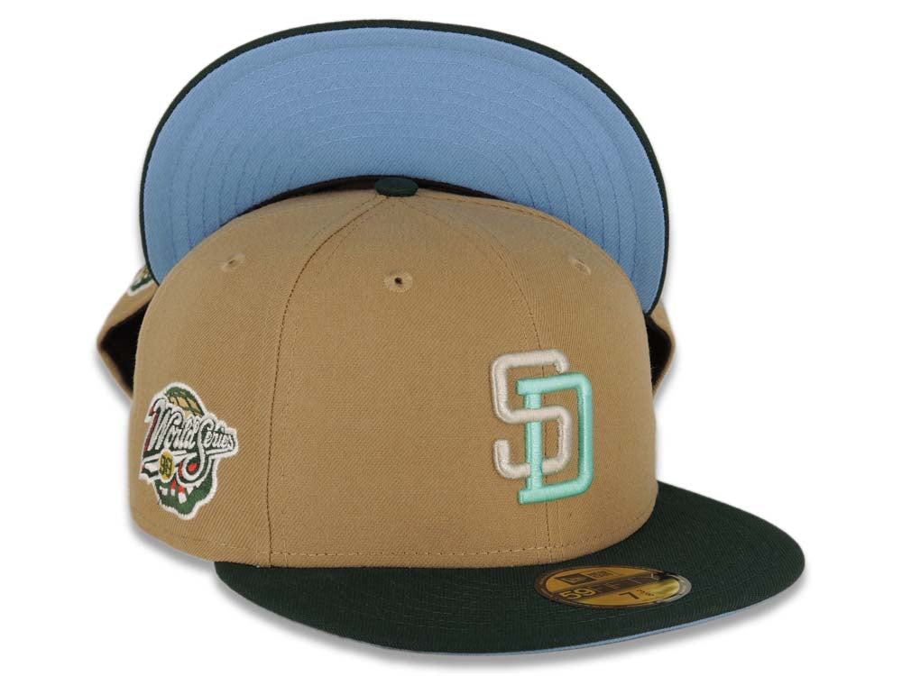San Diego Padres New Era MLB 59FIFTY 5950 Fitted Cap Hat Khaki Crown Dark Green Visor Khaki/Light Teal Logo 1998 World Series Side Patch Sky Blue UV
