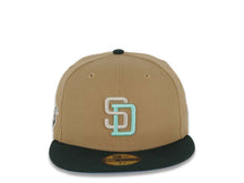 Load image into Gallery viewer, San Diego Padres New Era MLB 59FIFTY 5950 Fitted Cap Hat Khaki Crown Dark Green Visor Khaki/Light Teal Logo 1998 World Series Side Patch Sky Blue UV
