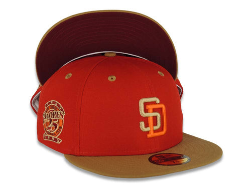 San Diego Padres New Era MLB 59FIFTY 5950 Fitted Cap Hat Red Crown Wheat Visor Wheat/Orange Logo 25th Anniversary Side Patch Cardinal UV