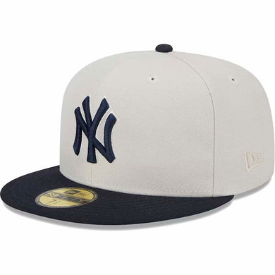 New York Yankees New Era MLB 59FIFTY 5950 Fitted Cap Hat Stone Gray Crown Navy Visor Navy Logo Back Log Patches (World Class)