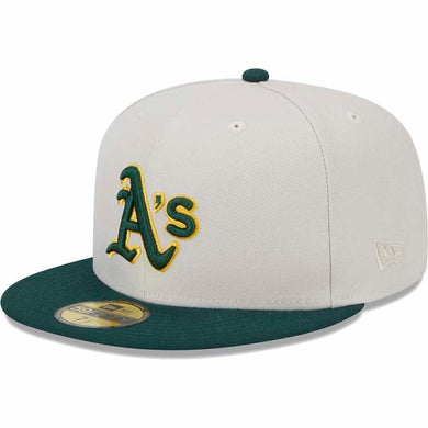 Oakland A's Athletics New Era MLB 59FIFTY 5950 Fitted Cap Hat Stone Gray Crown Dark Green Visor Team Color Logo Back Logo Patches (World Class)