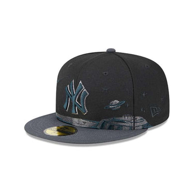 New York Yankees New Era MLB 59FIFTY 5950 Fitted Cap Hat Black Crown Dark Gray Visor Gray Logo (Planetary)