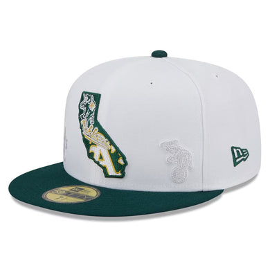 Oakland A's Athletics New Era MLB 59FIFTY 5950 Fitted Cap Hat White Crown Dark Green Visor Flawless Team Color Logo (State Map)