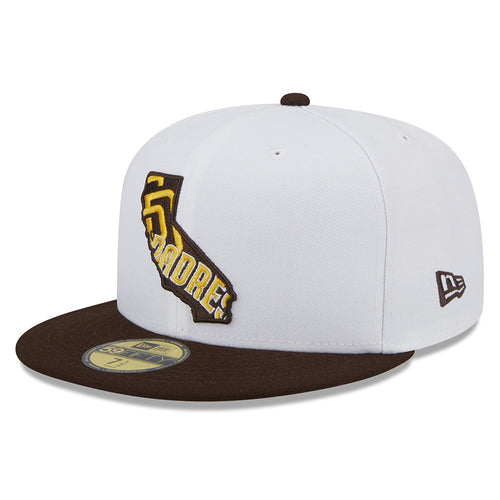 San Diego Padres New Era MLB 59FIFTY 5950 Fitted Cap Hat White Crown Brown Visor Flawless Team Color Logo (State Map)