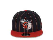 Load image into Gallery viewer, Cleveland Guardians New Era MLB 9FIFTY 950 Snapback Cap Hat Navy Blue/Red Pinstripe Crown Red Visor Team Color Logo
