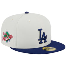 Load image into Gallery viewer, Los Angeles New Era 59FIFTY 5950 Fitted Cap Hat Cream Crown Royal Blue Visor Royal Blue Logo 1988 World Series Side Patch

