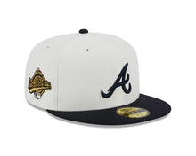 Load image into Gallery viewer, Atlanta Braves New Era MLB 59FIFTY 5950 Fitted Cap Hat Cream Crown Navy Visor Navy Logo 1995 World Series Side Patch
