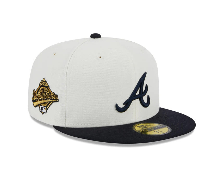 Atlanta Braves New Era MLB 59FIFTY 5950 Fitted Cap Hat Cream Crown Navy Visor Navy Logo 1995 World Series Side Patch