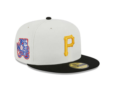 Pittsburgh Pirates New Era MLB 59FIFTY 5950 Fitted Cap Hat Cream Crown Black Visor Yellow Logo 76th World Series Side Patch