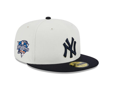 New York Yankees New Era MLB 59FIFTY 5950 Fitted Cap Hat Cream Crown Dark Navy Visor Navy Logo 2000 World Series Side Patch