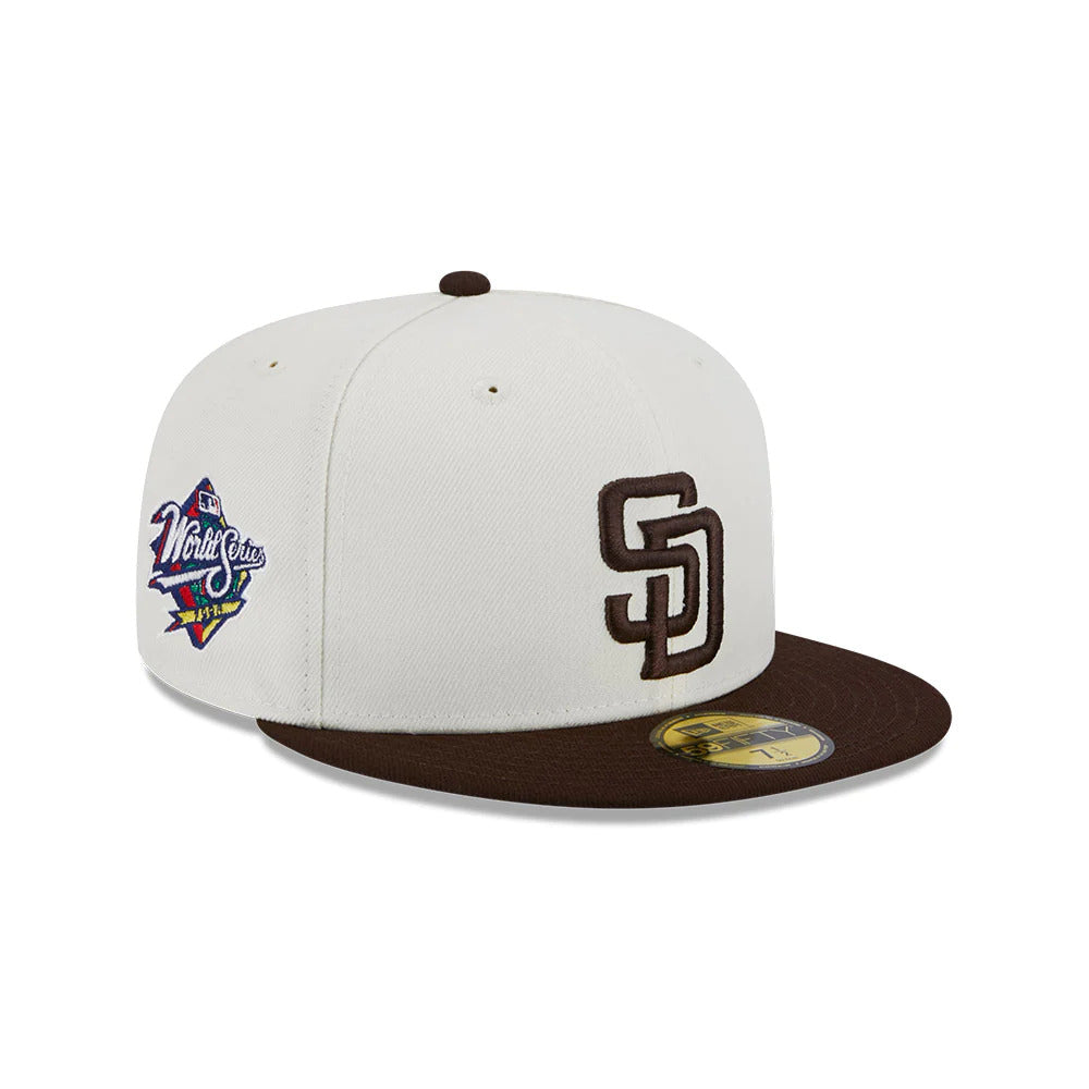 San Diego Padres New Era MLB 59FIFTY 5950 Fitted Cap Hat Cream Crown Brown Visor Brown Logo 1998 World Series Side Patch