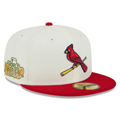 St. Luis Cardinals New Era 59FIFTY 5950 Fitted Cap Hat Cream Crown Red Visor Red/Yellow Logo 2011 World Series Side Patch