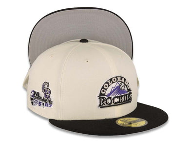 Colorado Rockies New Era MLB 59FIFTY 5950 Fitted Cap Hat Cream Crown Black Visor Team Color Logo 2007 National League L Champions Side Patch