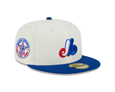 Montreal Expos New Era MLB 59FIFTY 5950 Fitted Cap Hat Cream Crown Royal Blue Visor Team Color Logo 1988 All Star Game Side Patch