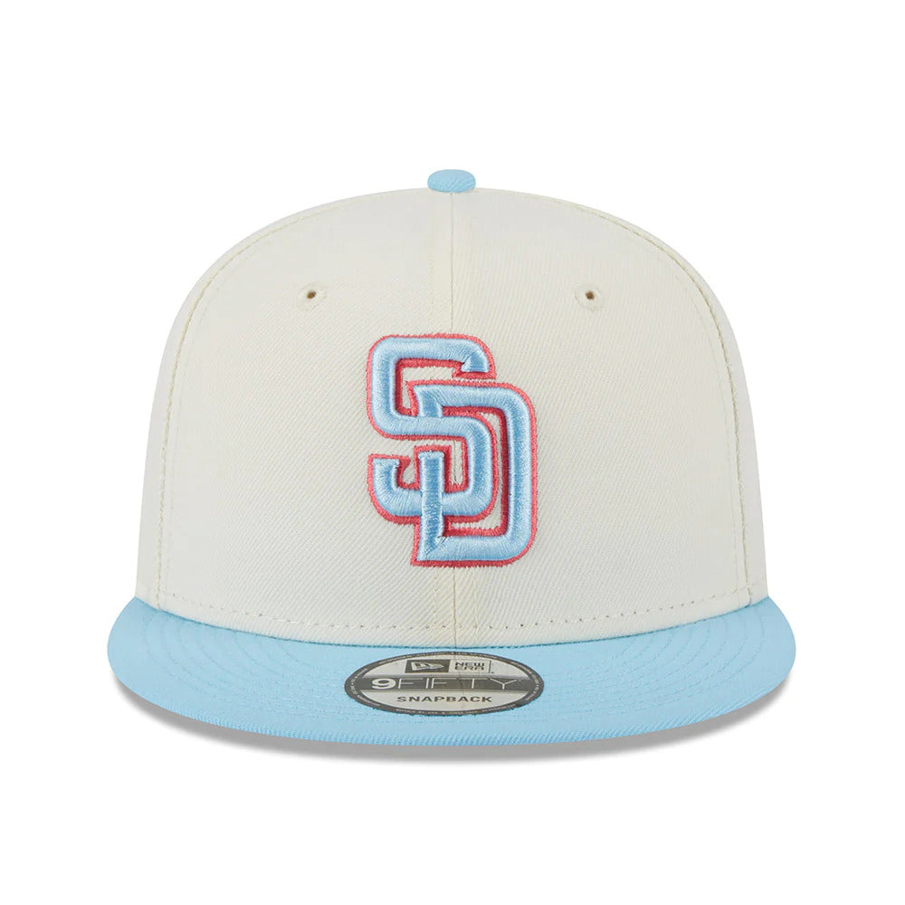San Diego Padres New Era MLB 9FIFTY 950 Snapback Cap Hat Cream Crown Light Brown Visor Brown/Pink Catching Friar Logo 40th Anniversary Side Patch