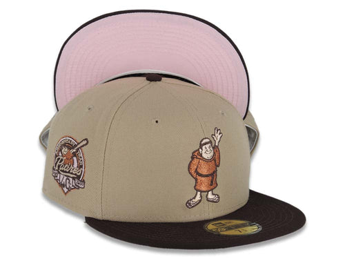 San Diego Padres New Era MLB 59FIFTY 5950 Fitted Cap Hat Khaki Crown Dark Brown Visor Metallic Brown/Pink Waving Friar Logo 40th Anniversary Side Patch