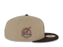 Load image into Gallery viewer, San Diego Padres New Era MLB 59FIFTY 5950 Fitted Cap Hat Khaki Crown Dark Brown Visor Metallic Brown/Pink Waving Friar Logo 40th Anniversary Side Patch
