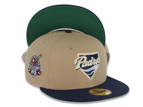 San Diego Padres New Era MLB 59FIFTY 5950 Fitted Cap Hat Khaki Crown Light Navy Blue Visor Whte/Navy Wave Logo 40th Anniversary Side Patch Green UV