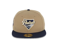 Load image into Gallery viewer, San Diego Padres New Era MLB 59FIFTY 5950 Fitted Cap Hat Khaki Crown Light Navy Blue Visor Whte/Navy Wave Logo 40th Anniversary Side Patch Green UV
