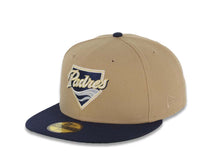 Load image into Gallery viewer, San Diego Padres New Era MLB 59FIFTY 5950 Fitted Cap Hat Khaki Crown Light Navy Blue Visor Whte/Navy Wave Logo 40th Anniversary Side Patch Green UV
