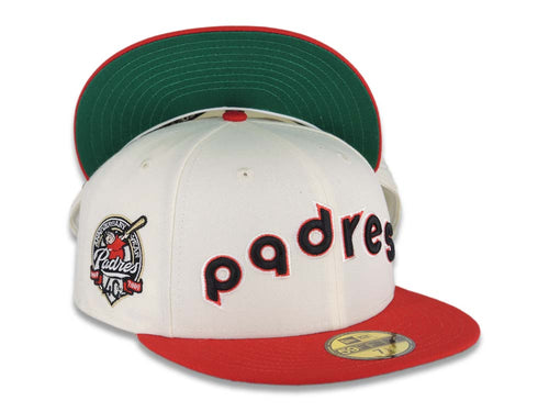 (Youth) San Diego Padres New Era MLB 59FIFTY 5950 Fitted Cap Hat Cream Crown Red Visor Black Script Logo 40th Anniversary Side Patch