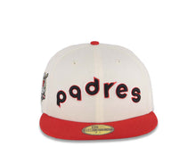 Load image into Gallery viewer, (Youth) San Diego Padres New Era MLB 59FIFTY 5950 Fitted Cap Hat Cream Crown Red Visor Black Script Logo 40th Anniversary Side Patch
