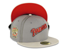 Load image into Gallery viewer, San Diego Padres New Era MLB 59FIFTY 5950 Fitted Cap Hat Gray Crown Stone Visor Metallic Red/Metallic White Script Logo 25th Anniversary Side Patch
