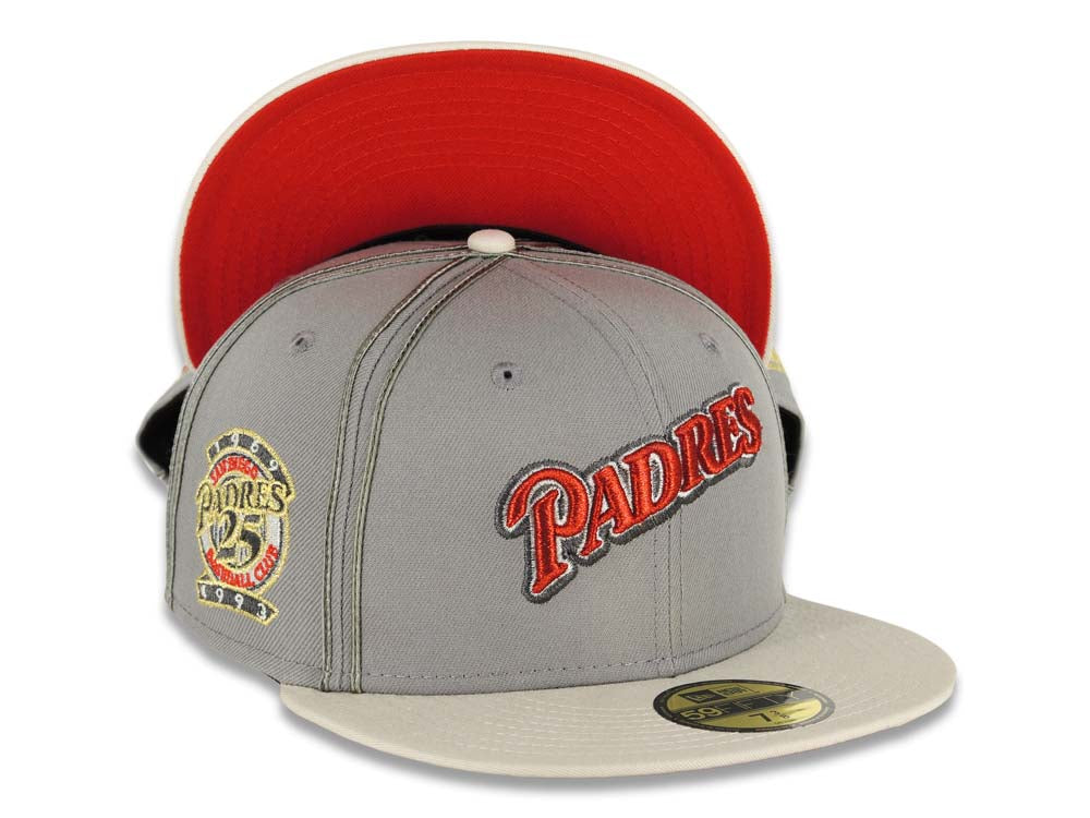 San Diego Padres New Era MLB 59FIFTY 5950 Fitted Cap Hat Gray Crown Stone Visor Metallic Red/Metallic White Script Logo 25th Anniversary Side Patch
