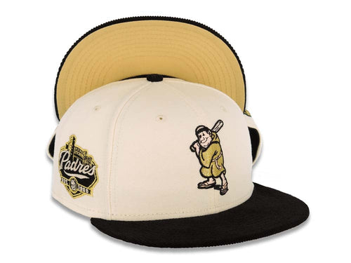 (Corduroy) San Diego Padres New Era MLB 59FIFTY 5950 Fitted Cap Hat Cream Crown Black Visor Metallic Gold/Silver Batting Friar Logo Established 1969