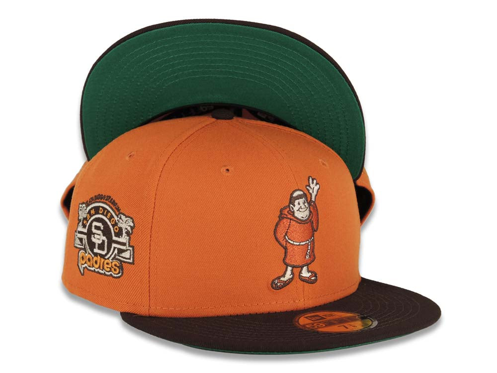 San Diego Padres New Era MLB 59FIFTY 5950 Fitted Cap Hat Dark Orange Crown Dark Brown Visor Dark Orange Waving Friar Logo Stadium Side Patch Green UV