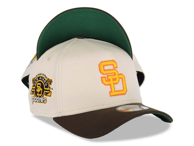San Diego Padres New Era MLB 9FORTY 940 Adjustable A-Frame Cap Hat Cream Crown Brown Visor Yellow/Orange Logo 25th Anniversary Side Patch Snapback