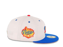 Load image into Gallery viewer, San Diego Padres New Era MLB 59FIFTY 5950 Fitted Cap Hat White Crown Blue Visor Red/Yellow Swinging Friar Logo Established 1969 Side Patch
