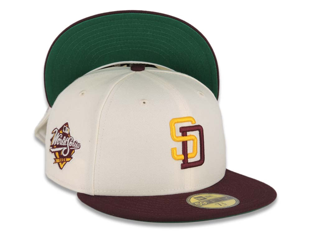 San Diego Padres New Era MLB 59FIFTY 5950 Fitted Cap Hat Cream Crown Maroon Visor Dark Yellow/Maroon Logo 1998 World Series Side Patch Green UV