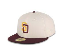 Load image into Gallery viewer, San Diego Padres New Era MLB 59FIFTY 5950 Fitted Cap Hat Cream Crown Maroon Visor Dark Yellow/Maroon Logo 1998 World Series Side Patch Green UV
