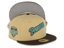 Load image into Gallery viewer, San Diego Padres New Era MLB 59FIFTY 5950 Fitted Cap Hat Vegas Gold Crown Brown Visor Teal/Brown Script Logo 1992 All-Star Game Side Patch Gray UV
