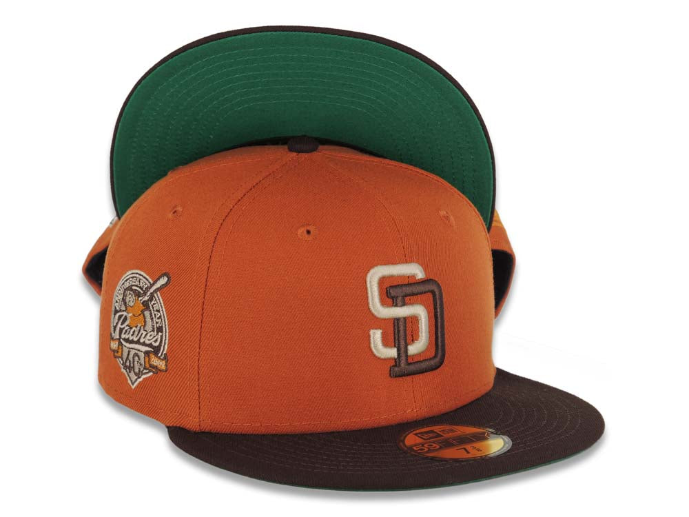 San Diego Padres New Era MLB 59FIFTY 5950 Fitted Cap Hat Dark Orange Crown Dark Brown Visor Cream/Dark Brown Logo 40th Anniversary Side Patch Green UV