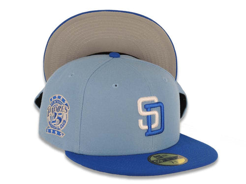 San Diego Padres New Era MLB 59FIFTY 5950 Fitted Cap Hat Sky Blue Crown Blue Azure Visor White/Royal Blue Logo 25th Anniversary Side Patch Gray UV