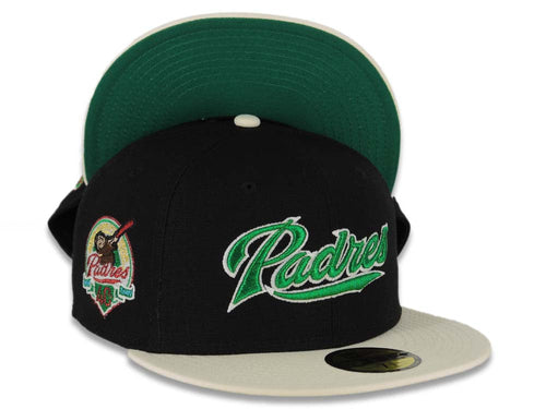 San Diego Padres New Era MLB 59FIFTY 5950 Fitted Cap Hat Black Canvas Crown Cream Visor Metallic Green/White Script Logo 40th Anniversary Side Patch