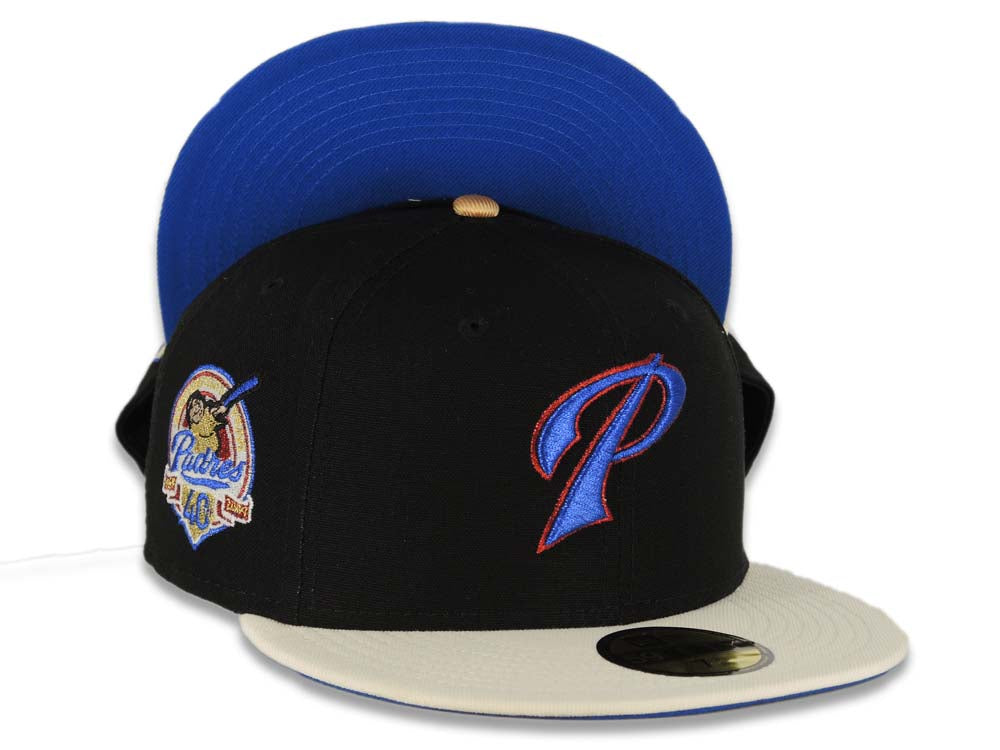 San Diego Padres New Era MLB 59FIFTY 5950 Fitted Cap Hat Black Canvas Crown Cream Visor Metallic Blue/Metallic Red Logo 40th Anniversary Side Patch