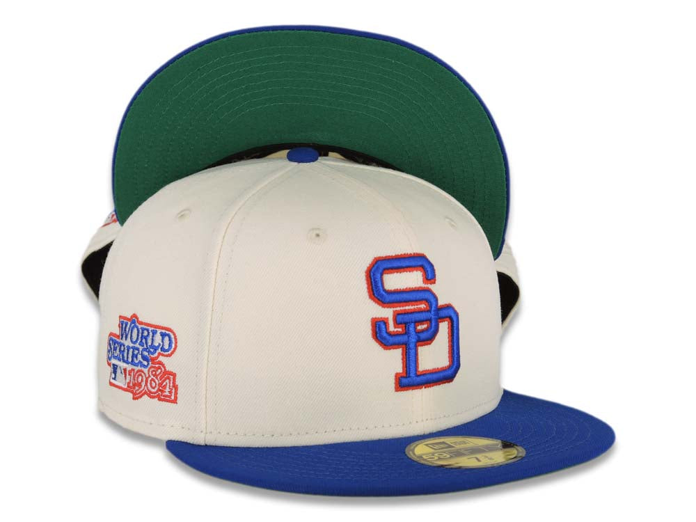 San Diego Padres New Era MLB 59FIFTY 5950 Fitted Cap Hat Cream Crown Light Royal Blue Visor Royal Blue/Red Logo 1984 World Series Side Patch Green UV