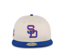 Load image into Gallery viewer, San Diego Padres New Era MLB 59FIFTY 5950 Fitted Cap Hat Cream Crown Light Royal Blue Visor Royal Blue/Red Logo 1984 World Series Side Patch Green UV
