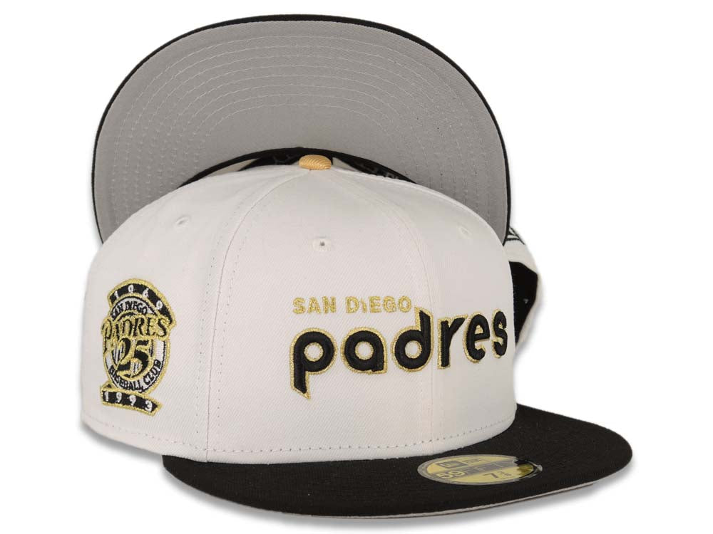 San Diego Padres New Era MLB 59FIFTY 5950 Fitted Cap Hat White Crown Black Visor Black/Metallic Gold Script Logo 25th Anniversary Side Patch Gray UV