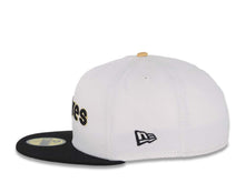 Load image into Gallery viewer, San Diego Padres New Era MLB 59FIFTY 5950 Fitted Cap Hat White Crown Black Visor Black/Metallic Gold Script Logo 25th Anniversary Side Patch Gray UV
