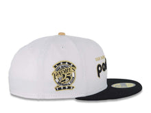 Load image into Gallery viewer, San Diego Padres New Era MLB 59FIFTY 5950 Fitted Cap Hat White Crown Black Visor Black/Metallic Gold Script Logo 25th Anniversary Side Patch Gray UV
