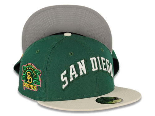 San Diego Padres New Era MLB 59FIFTY 5950 Fitted Cap Hat Green Crown Cream Visor Cream Script Logo Stadium Side Patch Gray UV