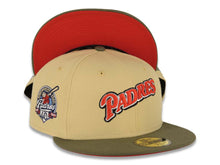 Load image into Gallery viewer, San Diego Padres New Era MLB 59FIFTY 5950 Fitted Cap Hat Yellow Green Crown Olive Visor Red/White/Black Script Logo 40th Anniversary Side Patch Red UV
